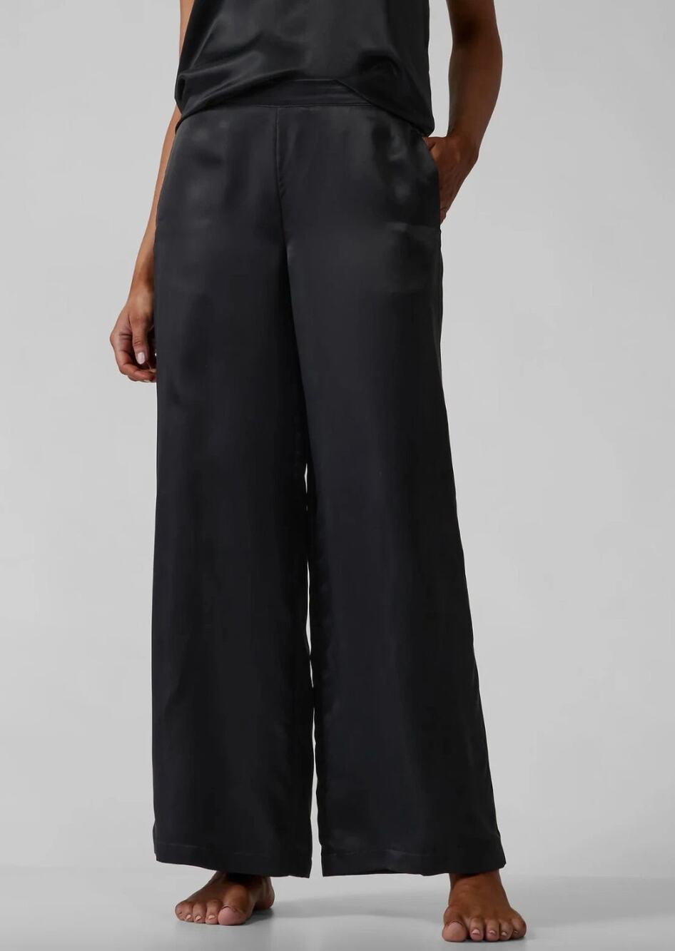 Athleta Calm Cool Pant Pull On Satin Cupro Wide Leg Relaxed Lounge Medium Black